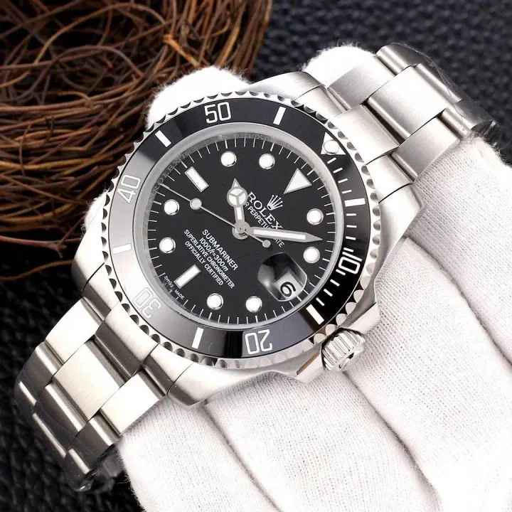 Rolex Stainless Steel Watch with Black Dial and Date Window