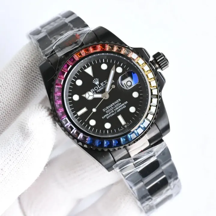 Rolex Submariner Black Watch with Rainbow Gem Bezel