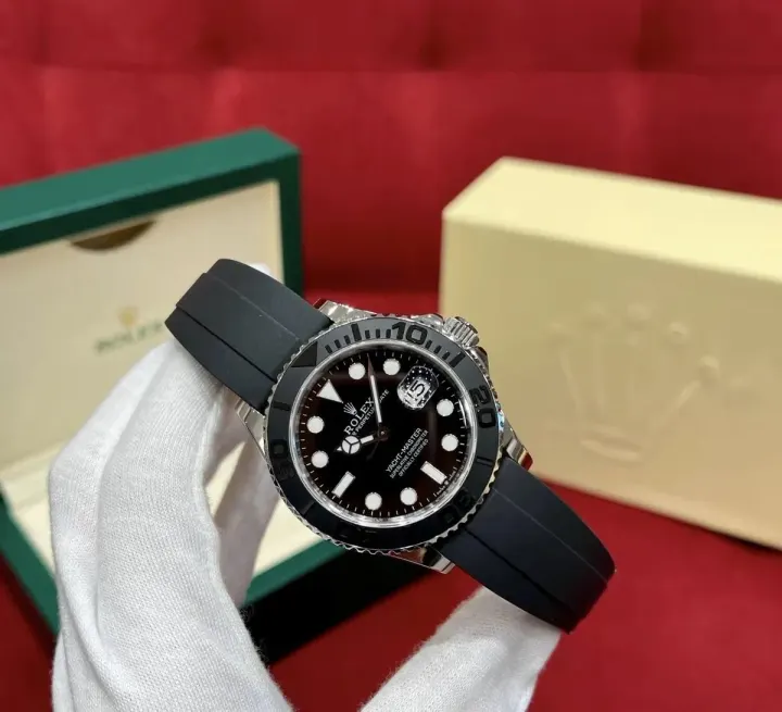 Rolex Yacht-Master Watch with Black Dial and Black Strap