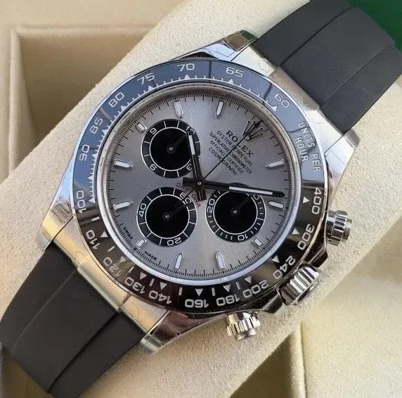 Rolex Daytona Watch with Silver Dial and Black Rubber Strap