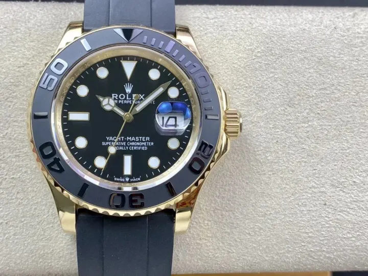 Rolex Yacht-Master Watch with Gold-Tone Case and Black Strap