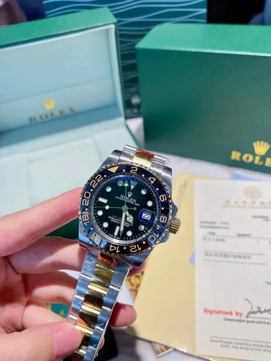 Rolex GMT Watch with Two-Tone Bracelet and Black Dial