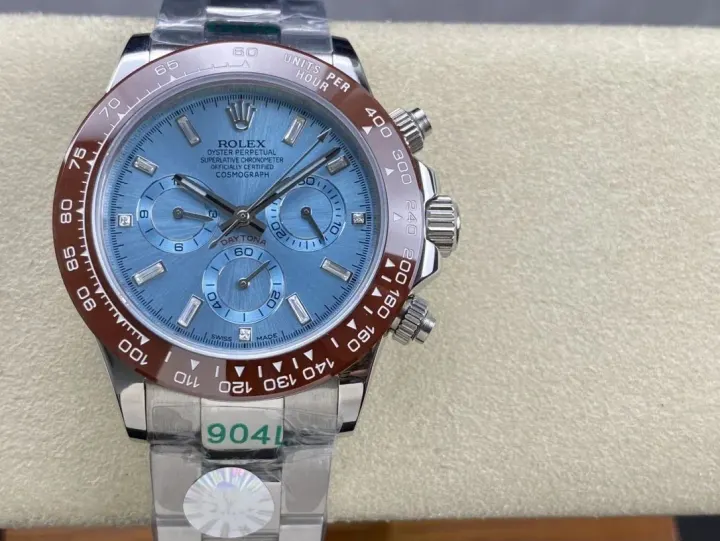 Rolex Chronograph Watch with Ice Blue Dial and Brown Bezel