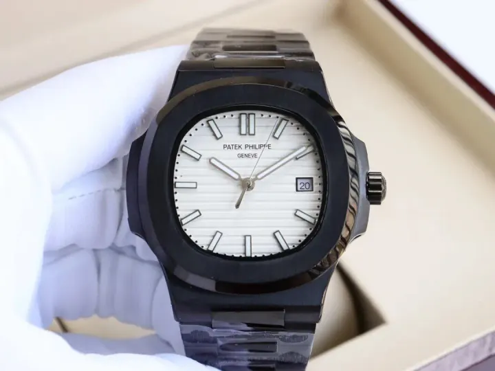 Patek Philippe Watch with Black Case and White Textured Dial