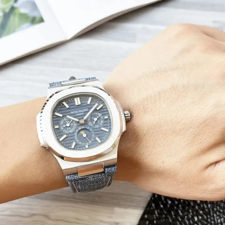 Patek Philippe Stainless Steel Watch with Blue Textured Dial