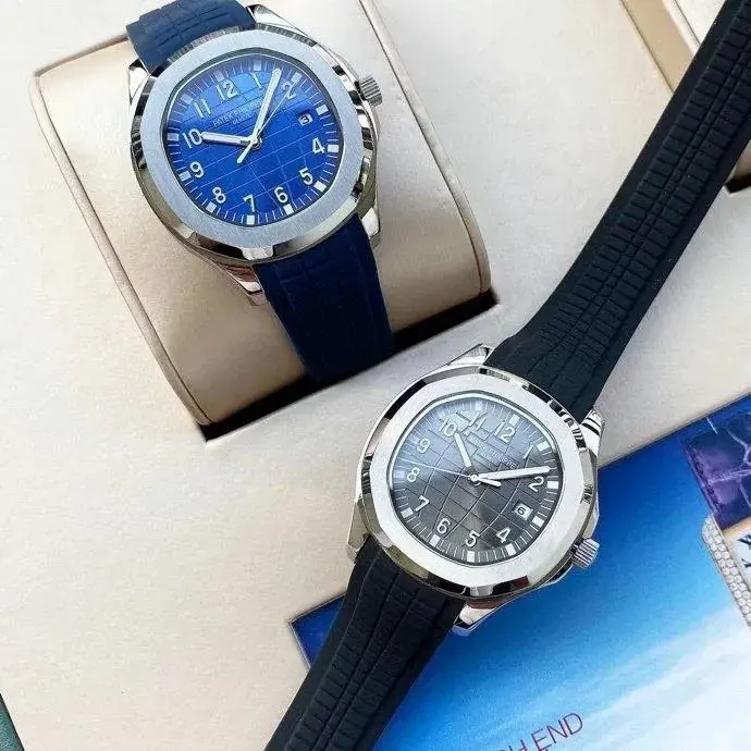 Patek Philippe Watch with Blue Grid Dial and Rubber Strap