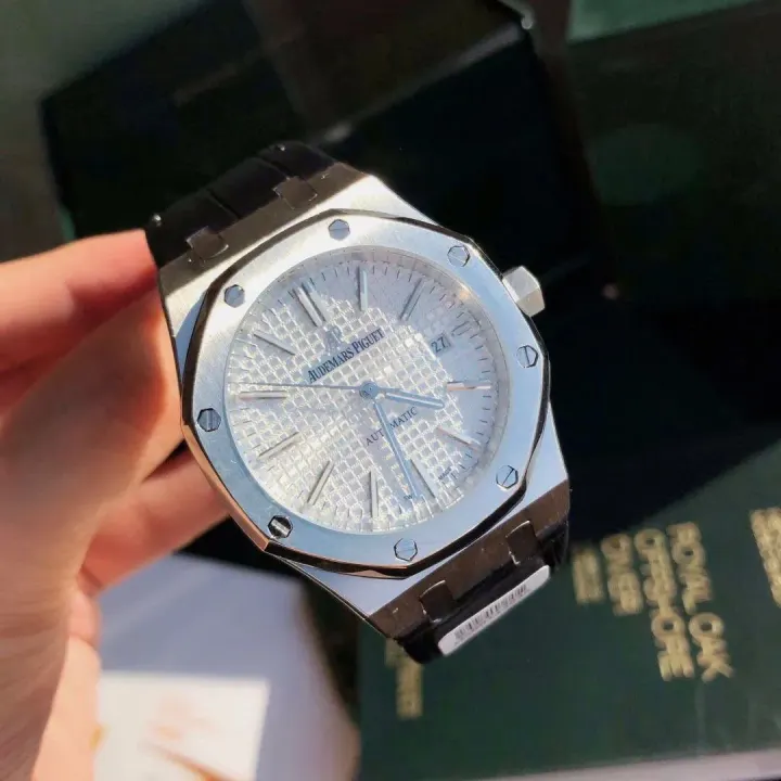 Audemars Piguet Automatic Watch with Black Strap and Silver Dial