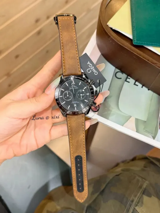 Omega Speedmaster Chronograph Watch with Brown Leather Strap