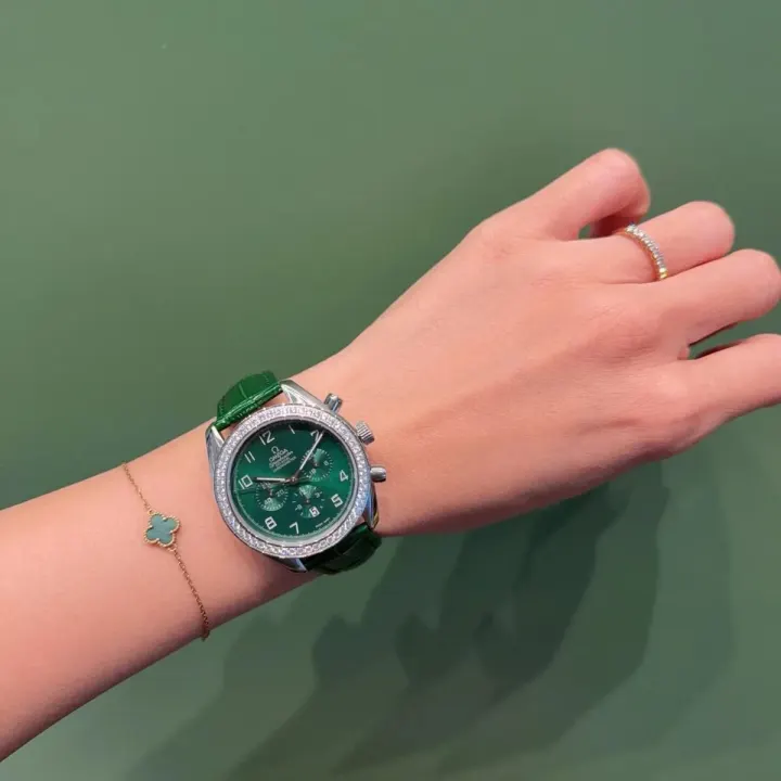 Omega Green Dial Chronograph Watch with Crystal Bezel