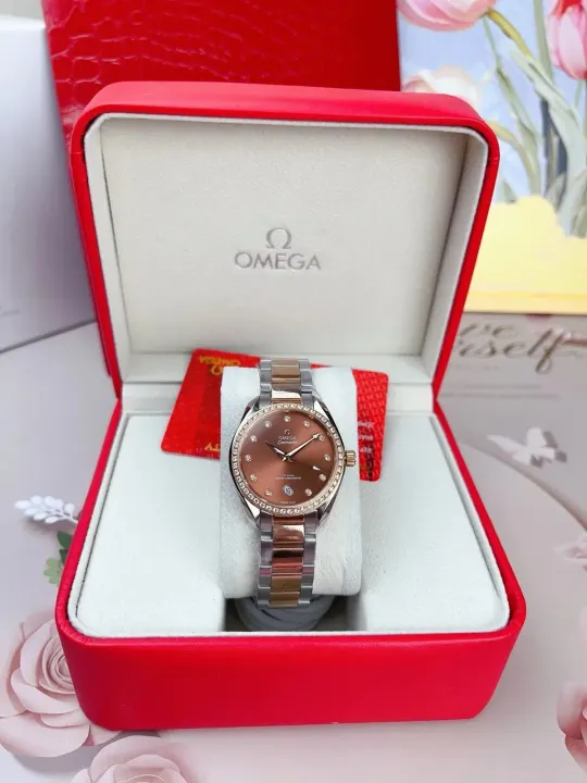 Omega Ladies Two-Tone Quartz Watch with Gem-Set Brown Dial