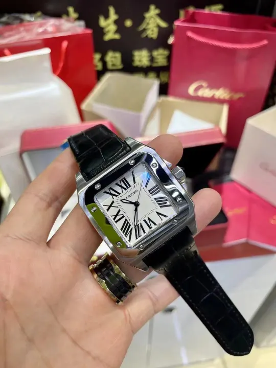 Cartier Santos horloge met zwarte leren band Variant B