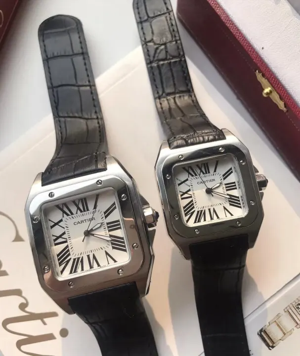 Cartier horloges met vierkante lunette en zwarte leren banden