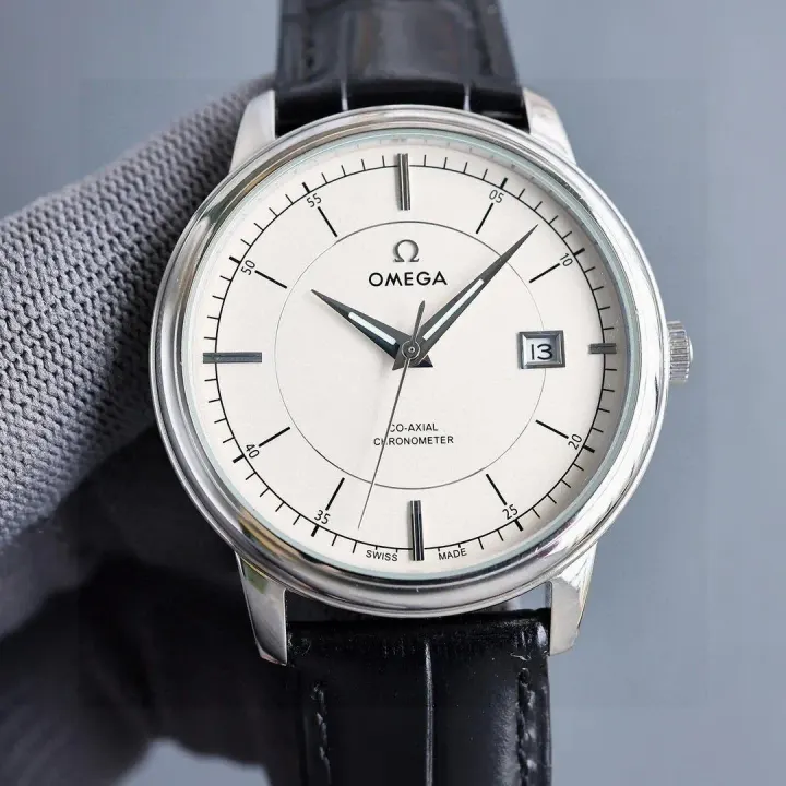 Omega Watch with White Dial and Black Leather Strap