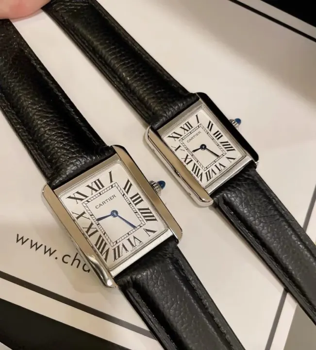 Cartier horloge met rechthoekige wijzerplaat en zwarte lederen band 34 mm Variant B