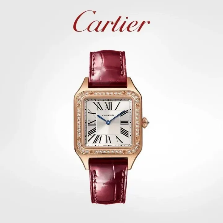 Cartier Rose Gold-Tone Square Watch with Red Leather Strap