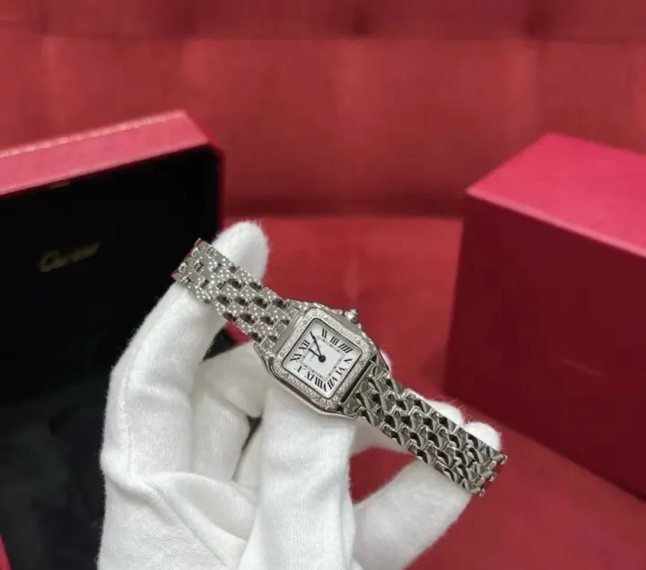 Cartier Silver Square Dial Stone-Set Bezel Watch