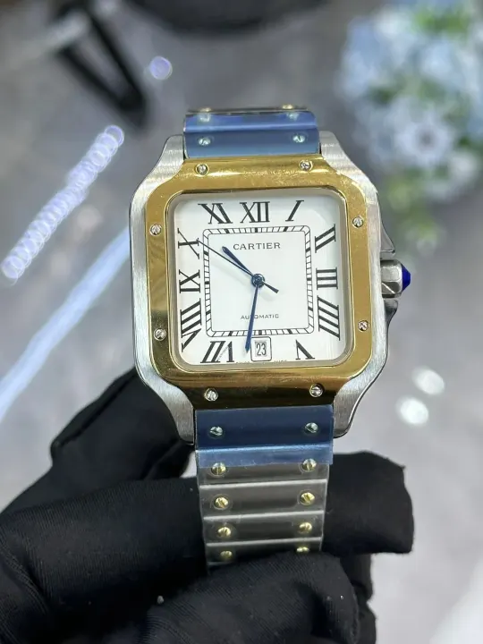 Cartier Two-Tone Square Automatic Watch with Blue Accents