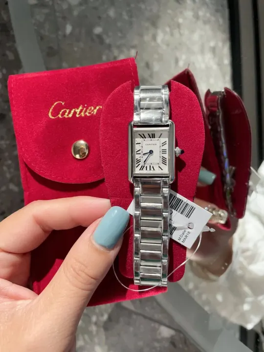Cartier Tank Silver Watch with Roman Dial and Metal Link Bracelet