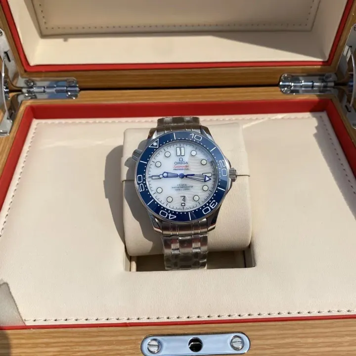Omega Seamaster Watch with Blue Bezel and White Dial