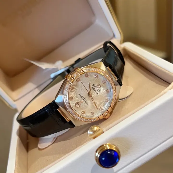 Omega Constellation Watch with Diamond Bezel and Black Strap