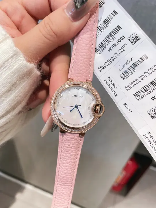 Cartier Pink Leather Strap Diamond-Set Watch