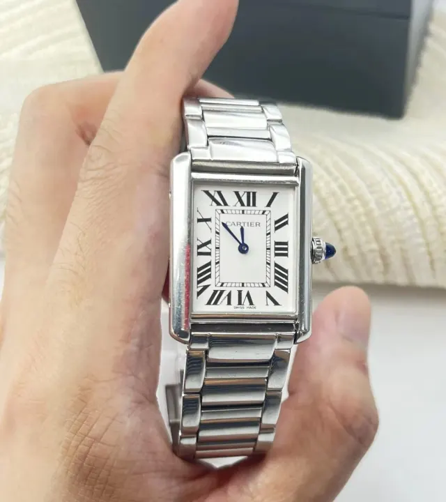 Cartier Rectangular White Dial Watch with Silver Link Bracelet