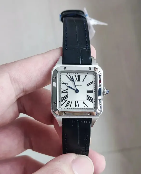 Cartier Black Leather Strap Square Watch with Roman Numeral Dial