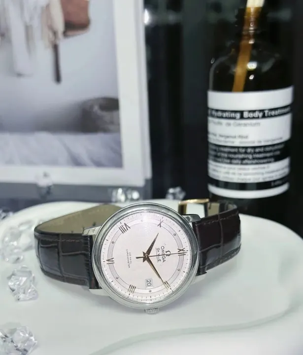 Omega De Ville Watch with Brown Leather Strap and Silver Dial