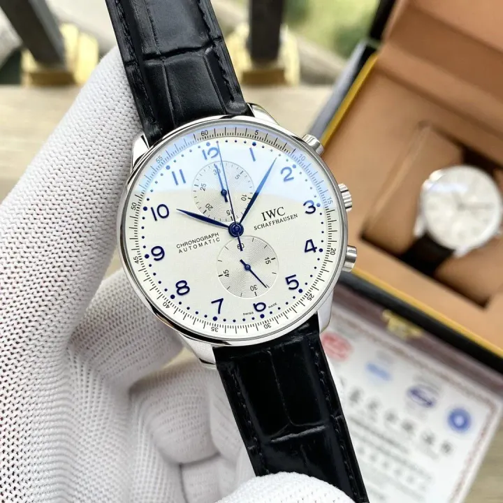 IWC Automatic Chronograph Watch with Black Leather Strap