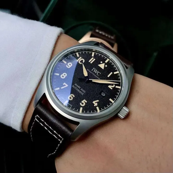 IWC Mark XVIII Automatic Watch with Black Dial and Brown Strap