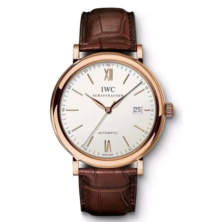IWC Automatic Watch with Rose Gold Case and Brown Leather Strap