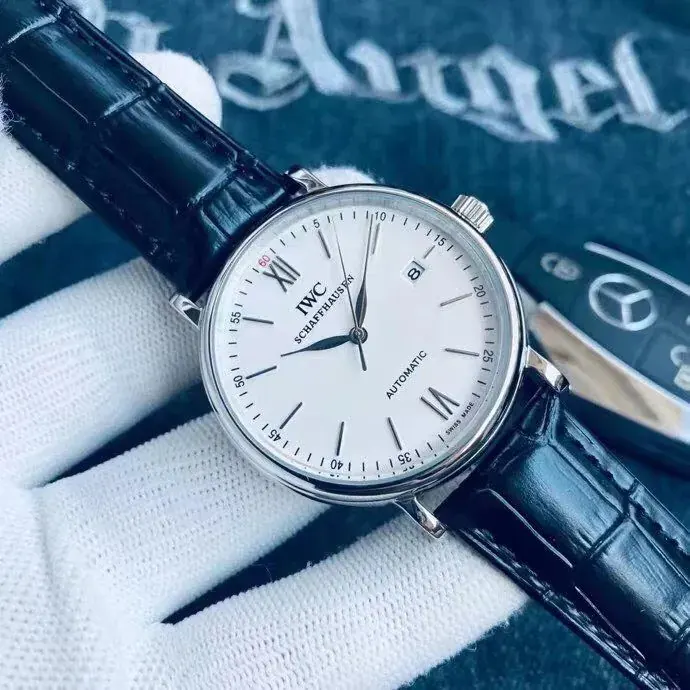 IWC Automatic Watch with White Dial and Black Leather Strap, 40mm