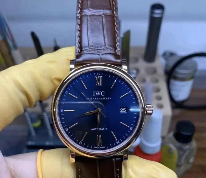 IWC Automatic Watch with Blue Dial and Brown Leather Strap