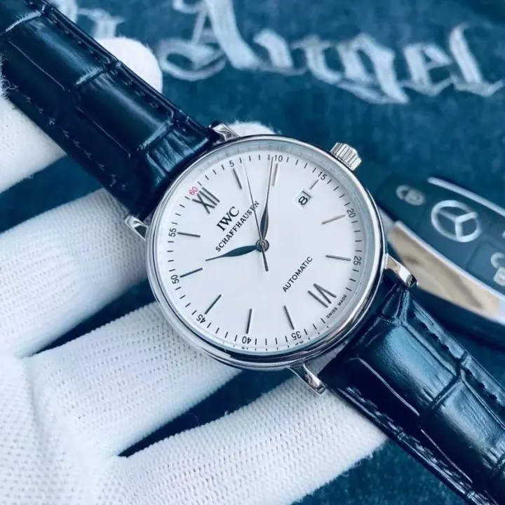 IWC Automatic Watch with White Dial and Black Leather Strap