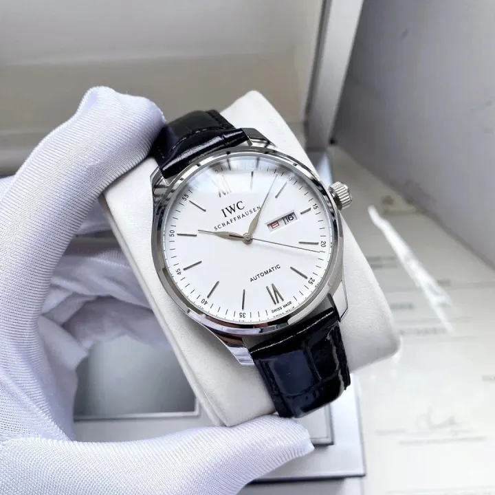 IWC Automatic Watch with White Dial and Black Leather Strap