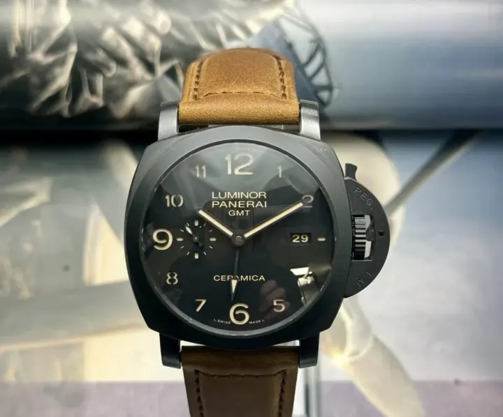 Panerai Luminor GMT Watch with Black Dial and Brown Leather Strap