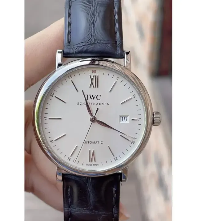 IWC automatisch horloge met witte wijzerplaat en zwarte leren band 40 mm Variant H