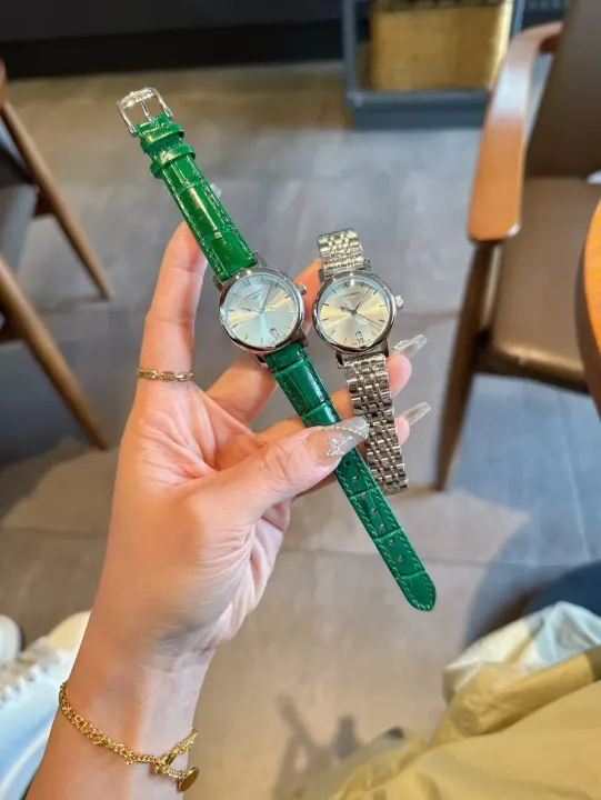 Longines Silver Dial Watch with Green Strap and Steel Bracelet