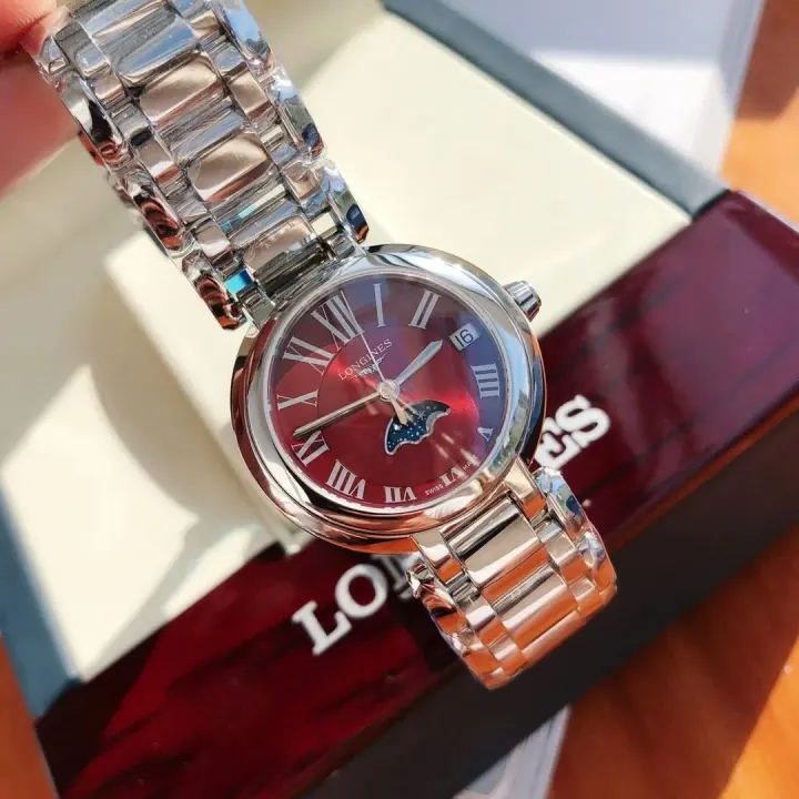 Longines Red Dial Moonphase Watch with Silver Bracelet