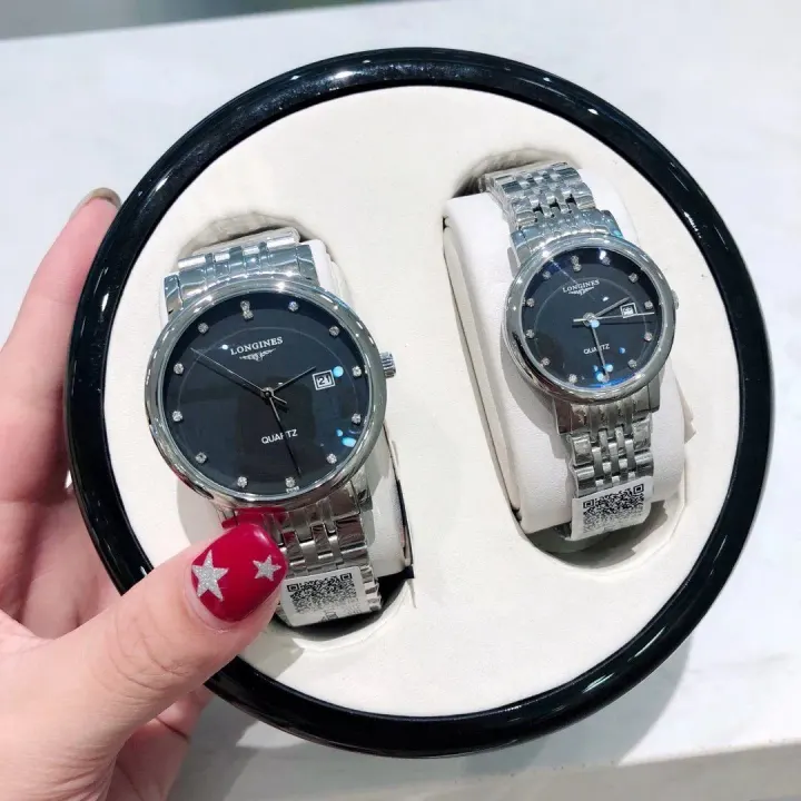 Longines Black Dial Quartz Couple Watch Set with Silver Bracelet