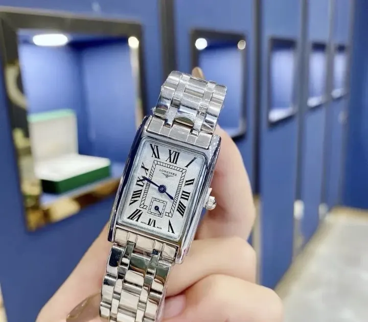 Longines Silver Rectangular Watch with Roman Numerals