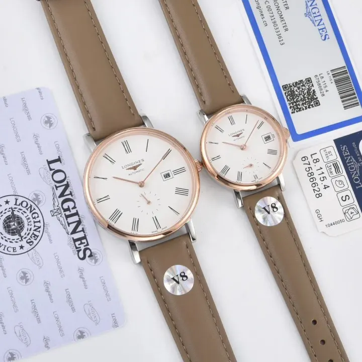 Longines Rose Gold-Tone Brown Leather Couple Watch Set