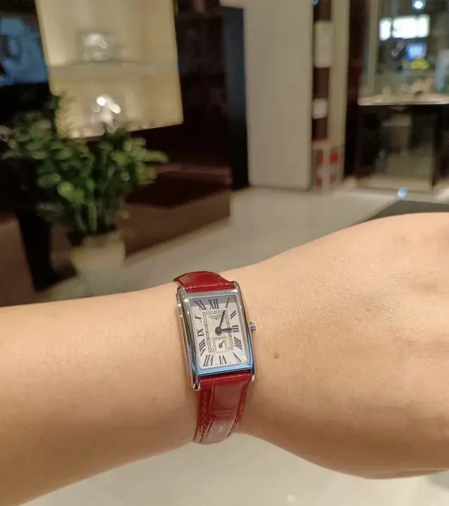 Longines Rectangular Watch with Red Leather Strap