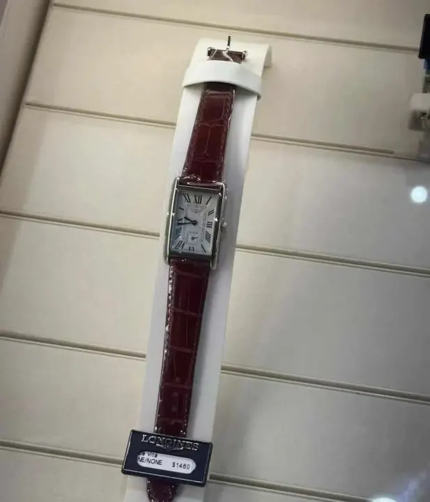 Longines Rectangular Watch with Burgundy Leather Strap