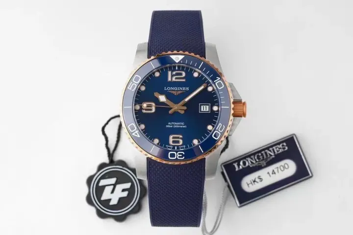 Longines Blue Dial Automatic Watch with Navy Rubber Strap
