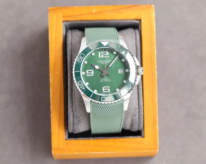 Longines Green Dial Automatic Watch with Rubber Strap