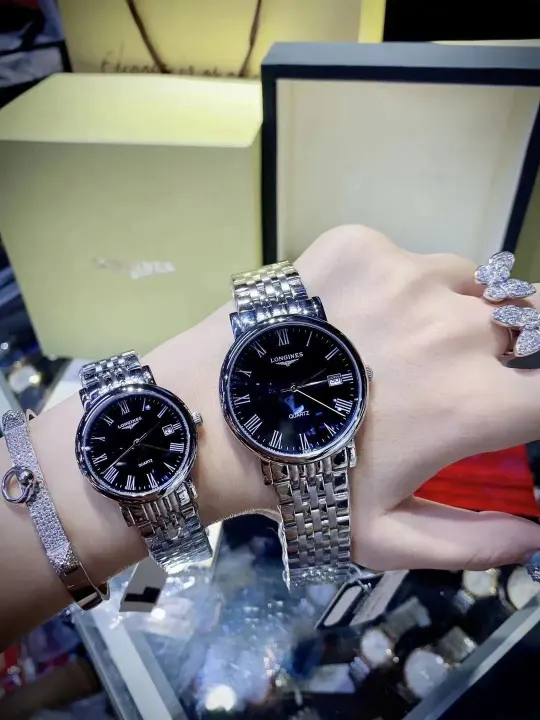 Longines Black Roman Dial Silver-Tone Couple Watch Set