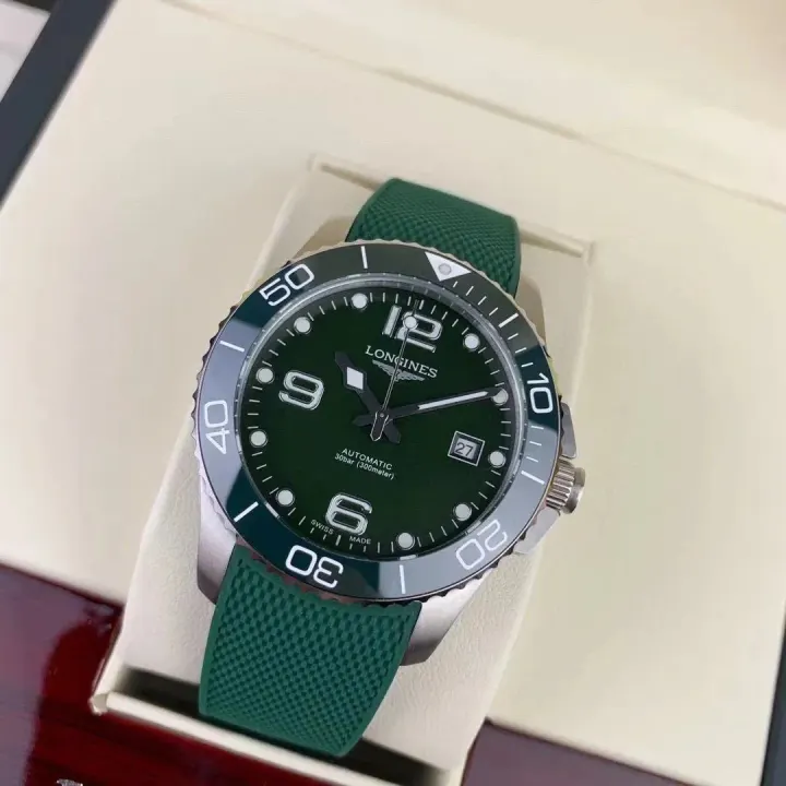 Longines Green Dial Automatic Watch with Rubber Strap