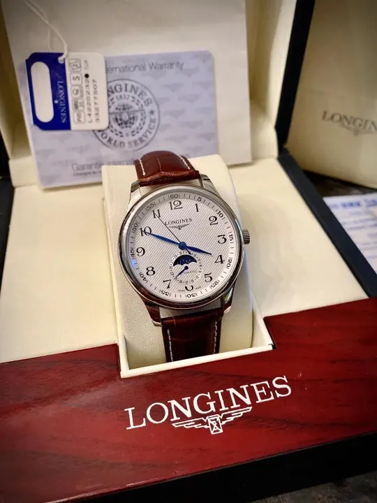 Longines Automatic Moonphase Watch with White Dial and Brown Strap