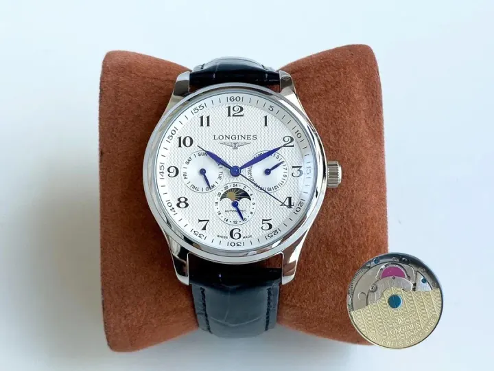 Longines Automatic Moon Phase Watch with White Dial and Black Strap